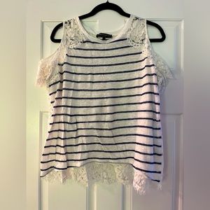 Generation Love cold shoulder top. Stripe front/lace back & sleeve